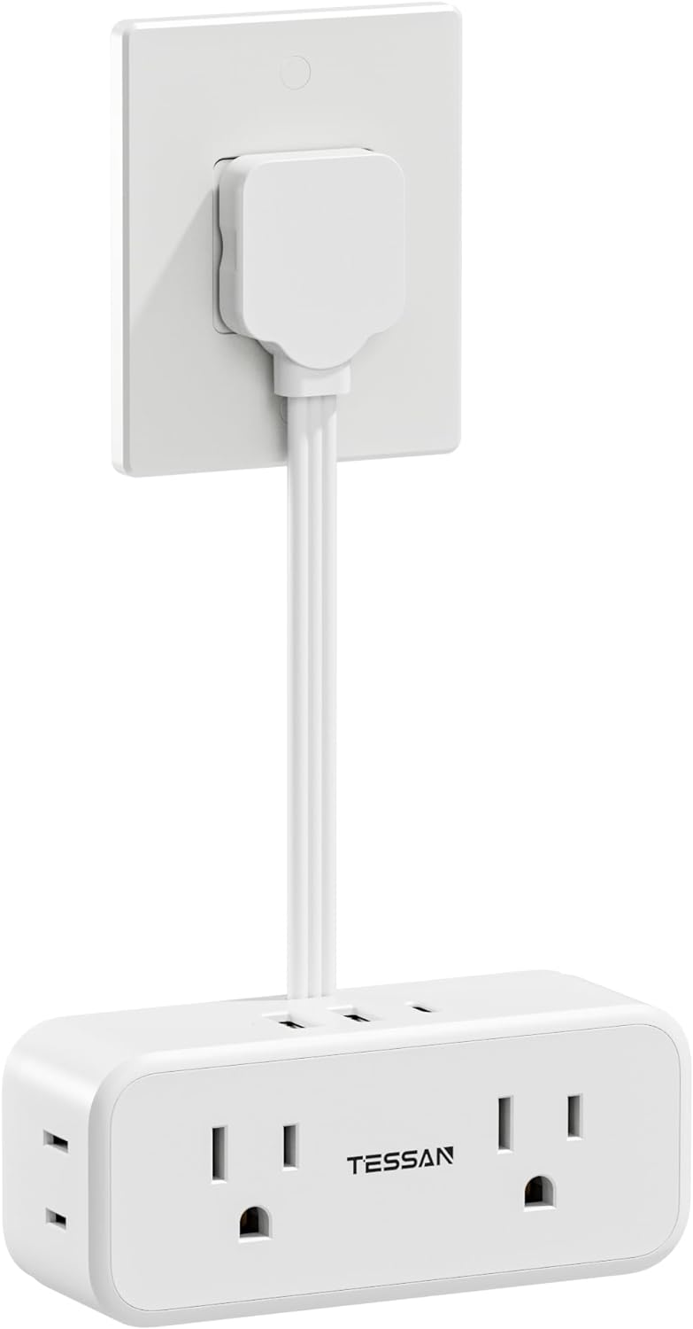 Front. TESSAN - Short Extension Cord TESSAN Surge Protector with 4 AC Outlets 3 USB 1 USB C 3 Sided Wall Plug for Home Office Dorm - white.