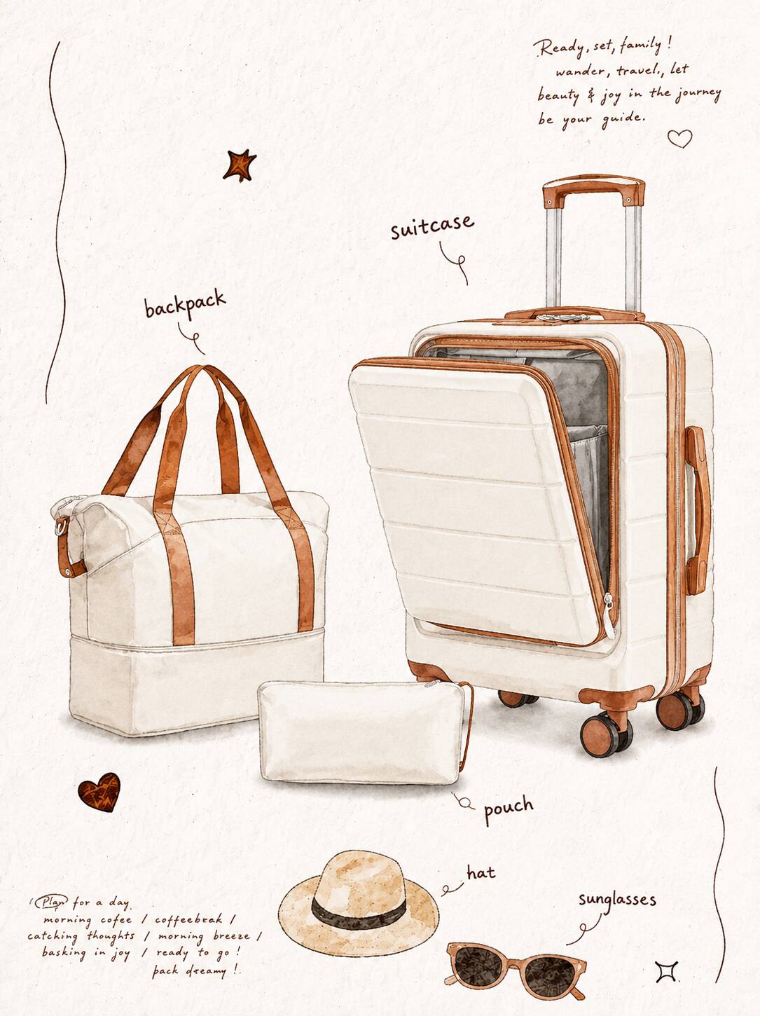 Ready, set, family! Wander, travel. Let beauty & joy in the journey be your guide.

Backpack
Suitcase
Pouch
Hat
Sunglasses

Plan for a day.
Morning coffee / coffee break / catching thoughts / morning breeze / basking in joy / ready to go! Joy pack dreamy!
