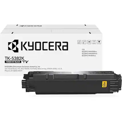 Sure, here is the corrected and grouped text:
---
**KYOCERA**
**TK-5382K TONER KIT BLACK**
**FOR:**
- ECOSYS MA4000deix
- ECOSYS MA4000dfx
- ECOSYS PA4000cx
**KYOCERA Document Solutions America, Inc.**
225 Sand Road, P.O. Box 40008, Fairfield, New Jersey, 07004-0008, U.S.A.
Phone: (973) 808-8444
---