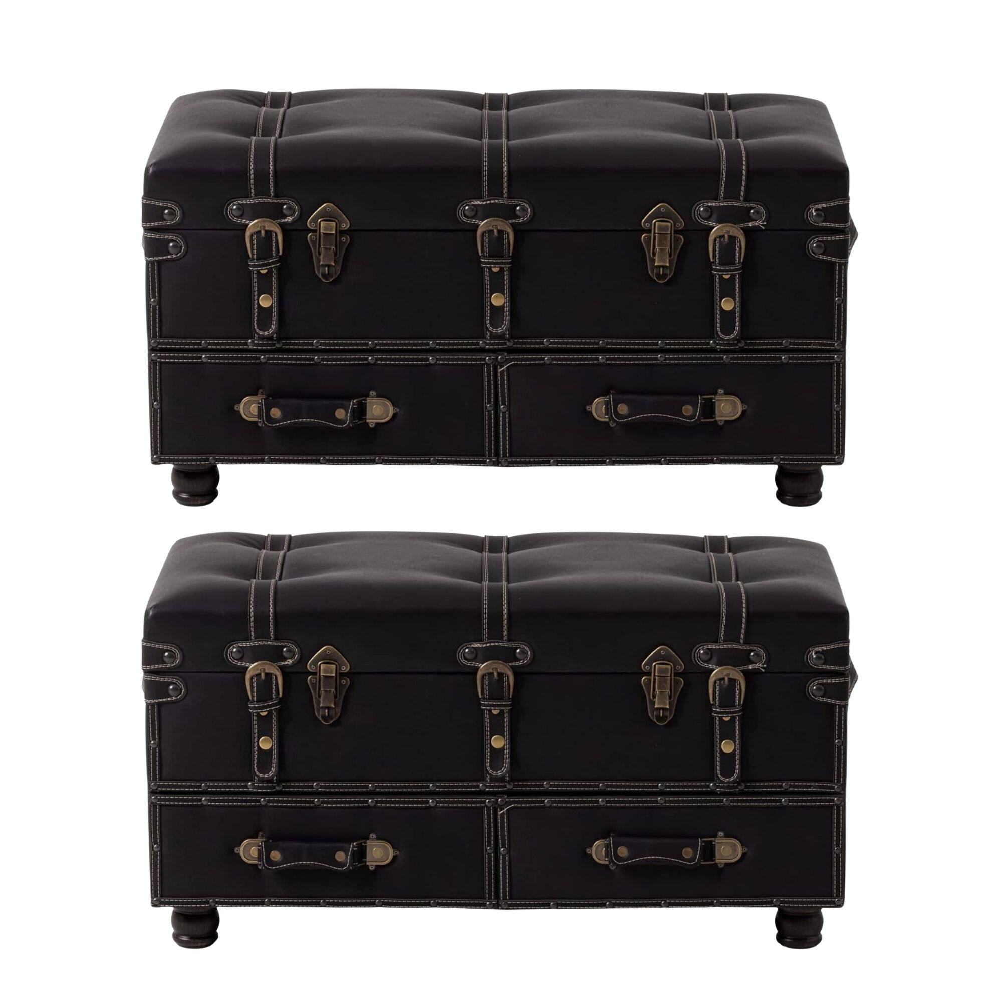 Front. COZAYH - COZAYH Vintage Storage Bench, Upholstered Wooden Ottoman Chest, Black, Set of 2 - Matte Black.