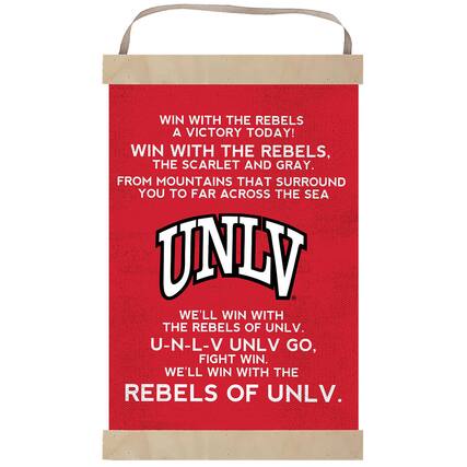 WIN WITH THE REBELS
A VICTORY TODAY!
WIN WITH THE REBELS,
THE SCARLET AND GRAY.
FROM MOUNTAINS THAT SURROUND YOU TO FAR ACROSS THE SEA
UNLV
WE'LL WIN WITH THE REBELS OF UNLV.
U-N-L-V UNLV GO, FIGHT WIN.
WE'LL WIN WITH THE REBELS OF UNLV.