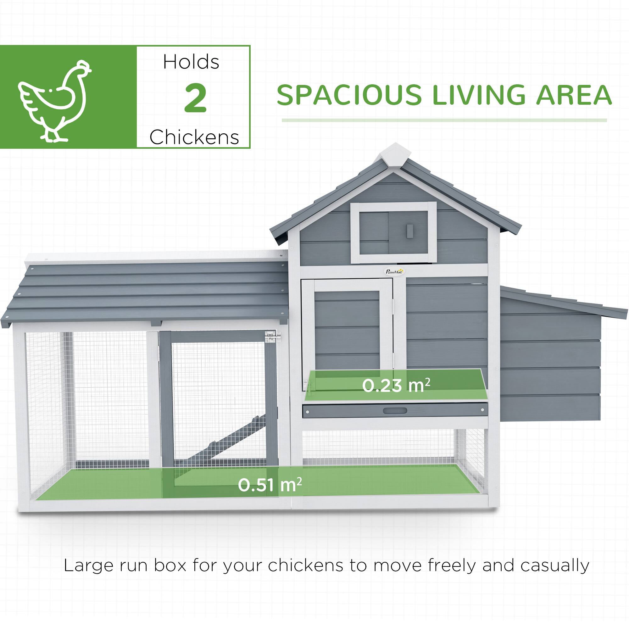 Holds 2 Chickens  
SPACIOUS LIVING AREA  
0.23 m²  
0.51 m²  
Large run box for your chickens to move freely and casually