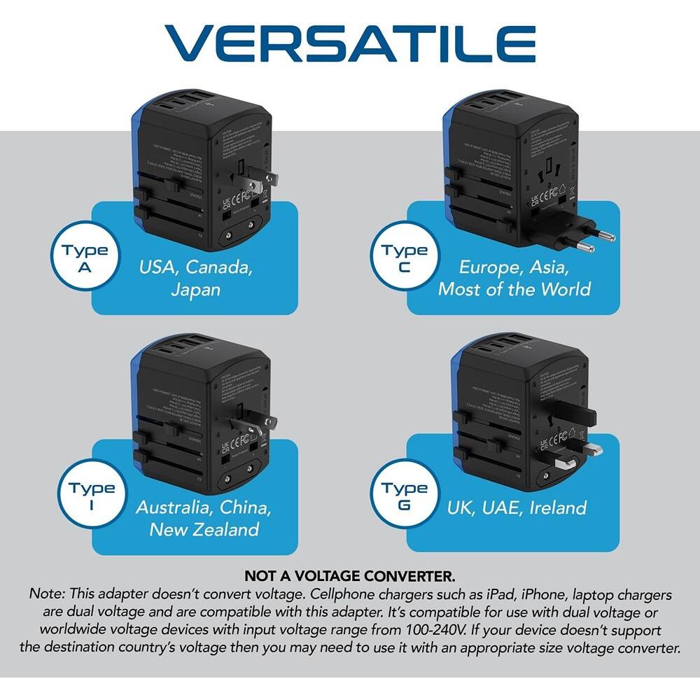 VERSATILE CEFC 101 CERCO

- Type A: USA, Canada, Japan
- Type C: Europe, Asia, Most of the World
- Type I: Australia, China, New Zealand
- Type G: UK, UAE, Ireland

NOT A VOLTAGE CONVERTER.

Note: This adapter doesn't convert voltage. Cellphone chargers such as iPad, iPhone, laptop chargers are dual voltage and are compatible with this adapter. It's compatible for use with dual voltage or worldwide voltage devices with input voltage range from 100-240V. If your device doesn't support the destination country's voltage then you may need to use it with an appropriate size voltage converter.