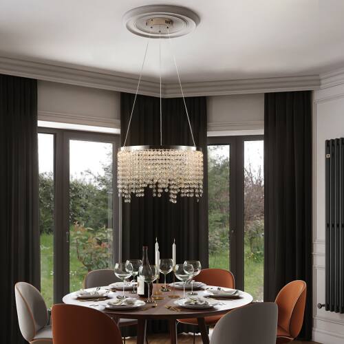 Back. LUCKY ONE - 16in Hanging Crystal LED Chandelier, Adjustable Height & CCT 3000K-6000K for Dining Room Living Room - Chrome,Transparent.