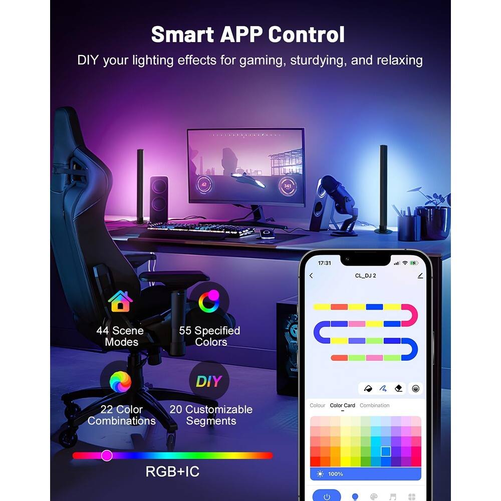 Smart APP Control  
DIY your lighting effects for gaming, studying, and relaxing  

44 Scene Modes  
55 Specified Colors  
DIY  
22 Color Combinations  
20 Customizable Segments  

RGB+IC  

Colour  
Color Card  
Combination  

100%
