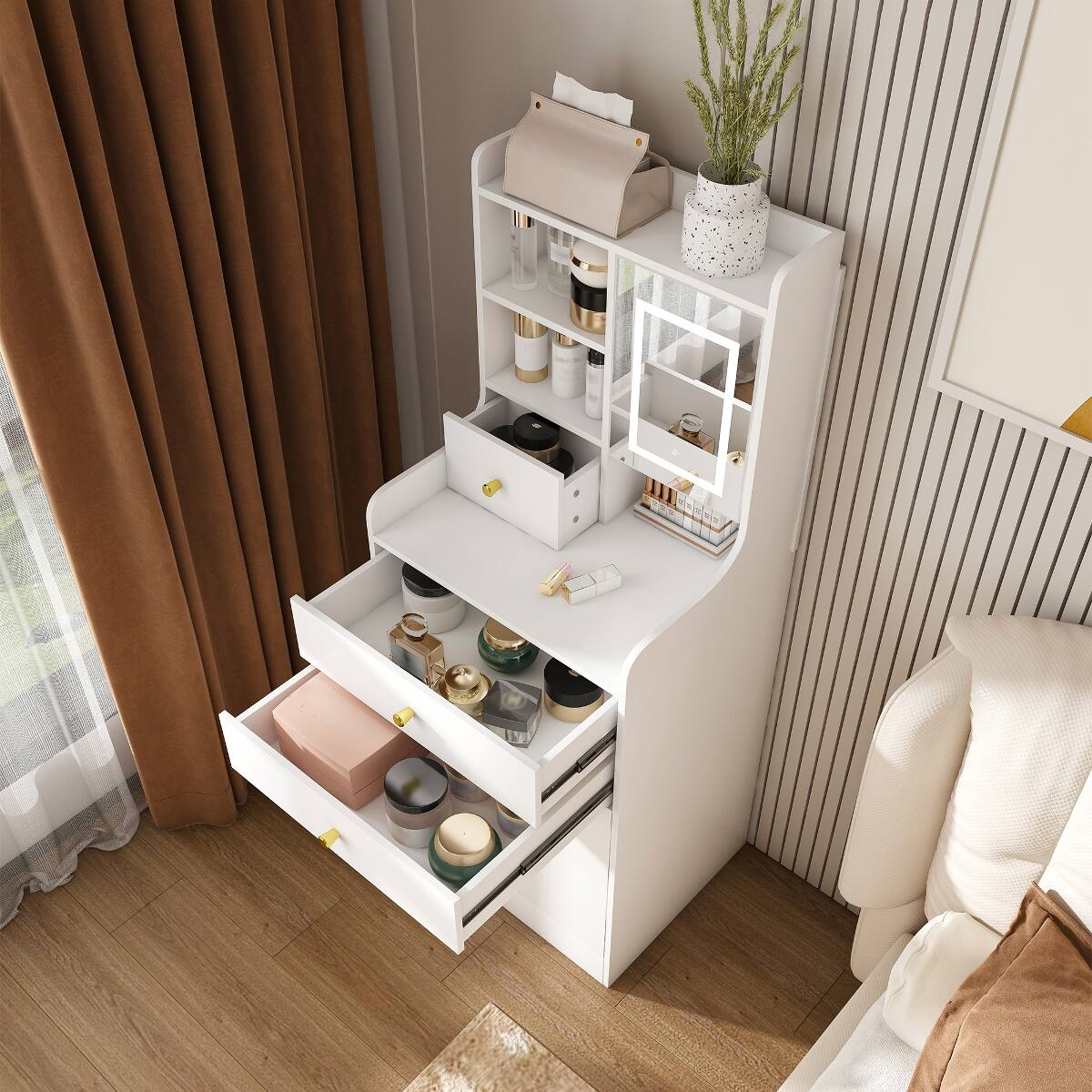 Loheer Makeup Vanity with LED Mirror and Storage Stool, MDF Bedroom ...