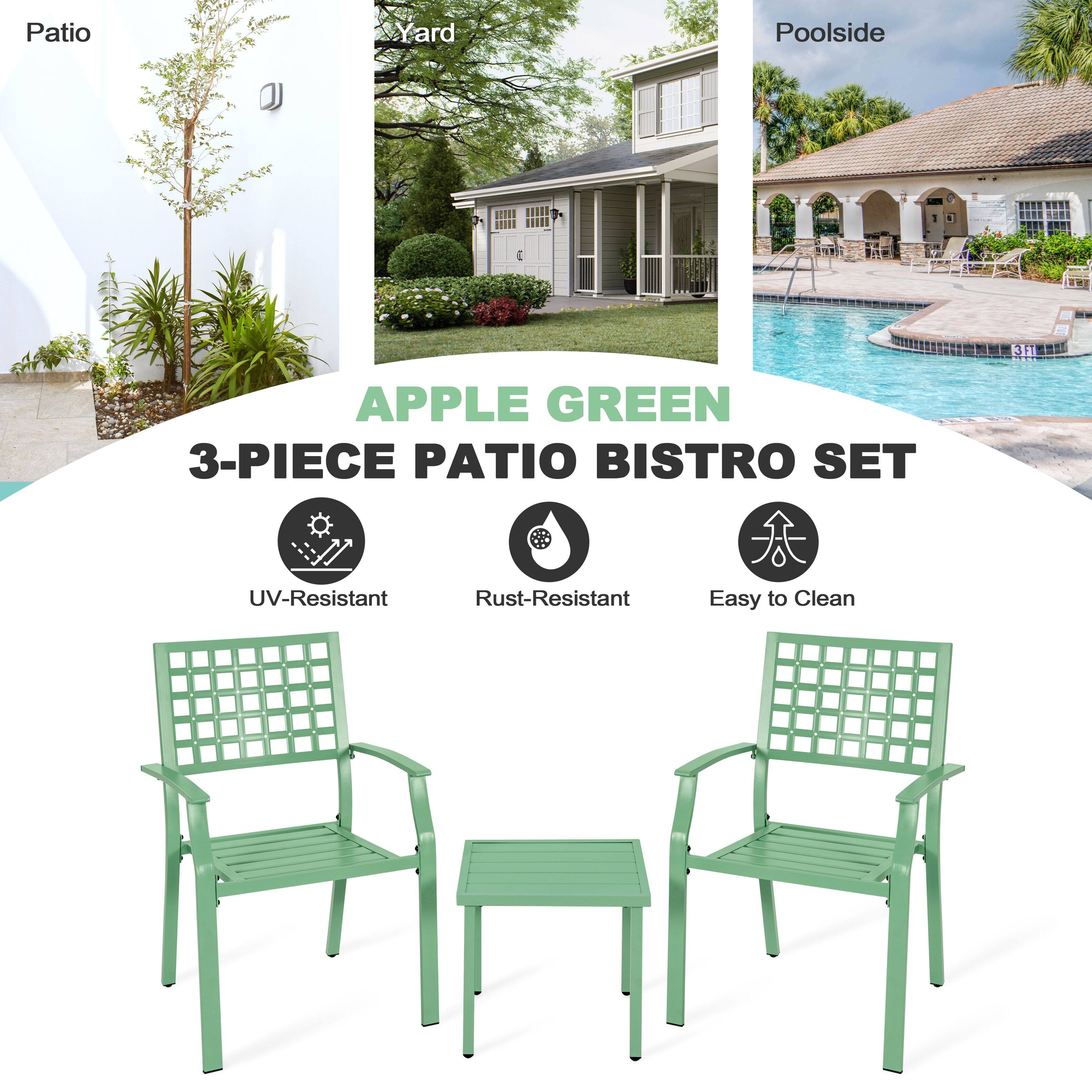 Patio Yard Poolside

APPLE GREEN  
3-PIECE PATIO BISTRO SET

- UV-Resistant
- Rust-Resistant
- Easy to Clean