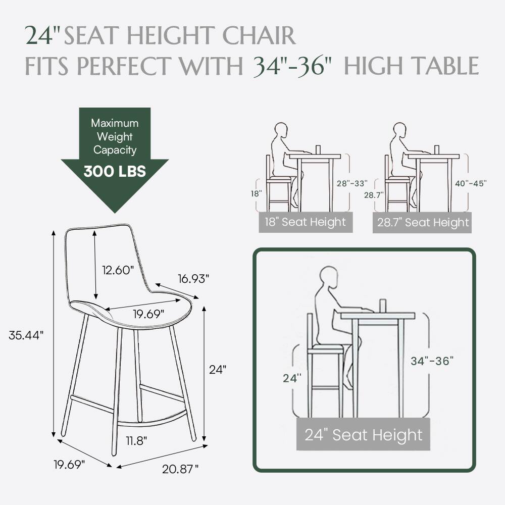 24" SEAT HEIGHT CHAIR FITS PERFECT WITH 34"-36" HIGH TABLE

Maximum Weight Capacity: 300 LBS

18" Seat Height
28.7" Seat Height

12.60"
16.93"
19.69"
35.44"
24"
11.8"
19.69"
20.87"