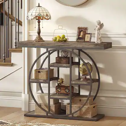 Front. Homcom - Console Table with Storage Shelves, Industrial Sofa Table for Living Room, Hallway - Rustic Oak.