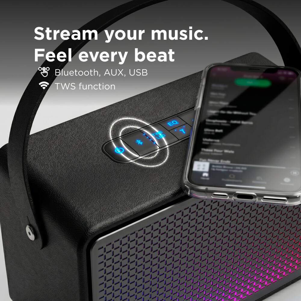 Stream your music.  
Feel every beat  
Bluetooth, AUX, USB  
TWS function  
EQ  
TWS 7 LED