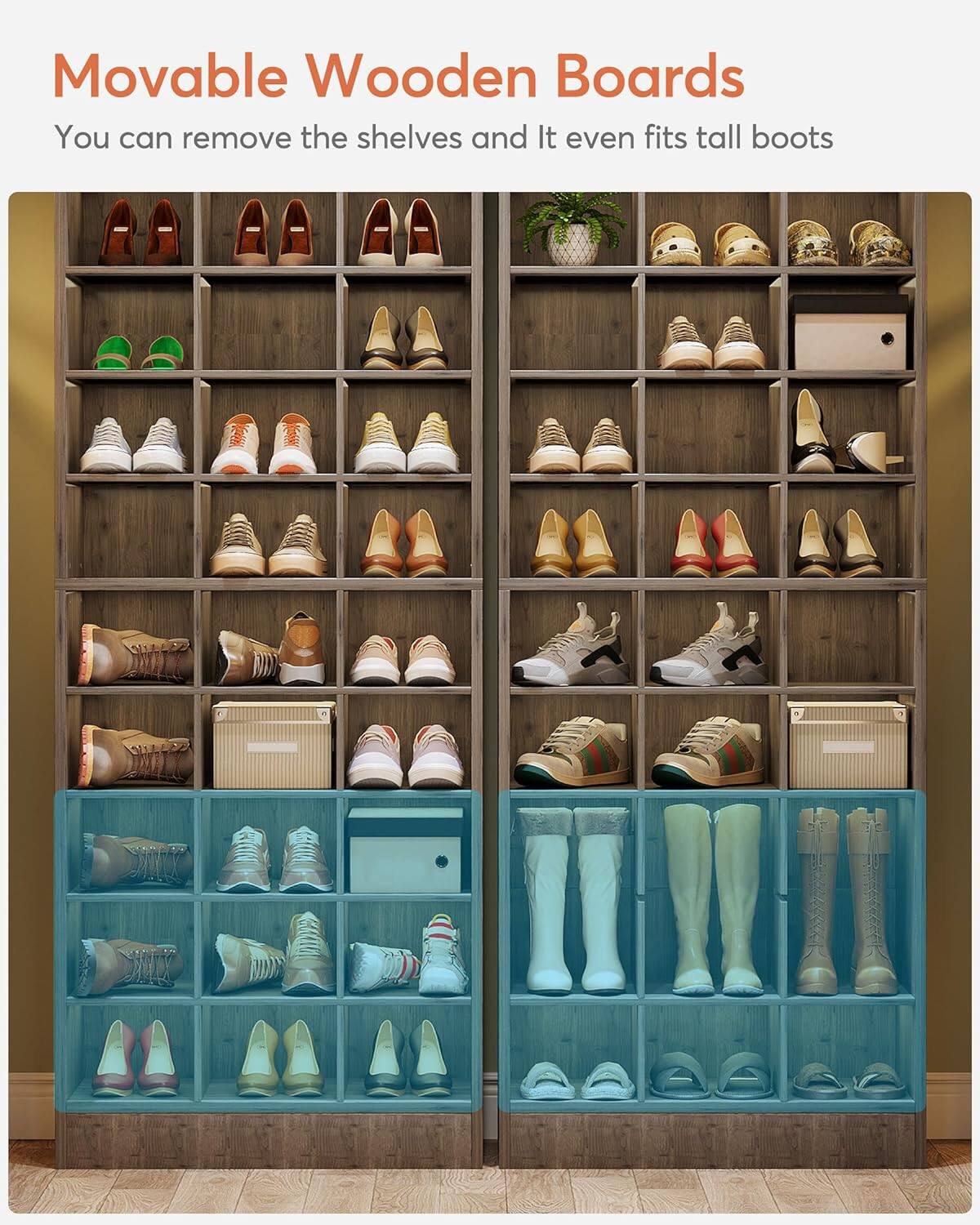 Movable Wooden Boards  
You can remove the shelves and it even fits tall boots