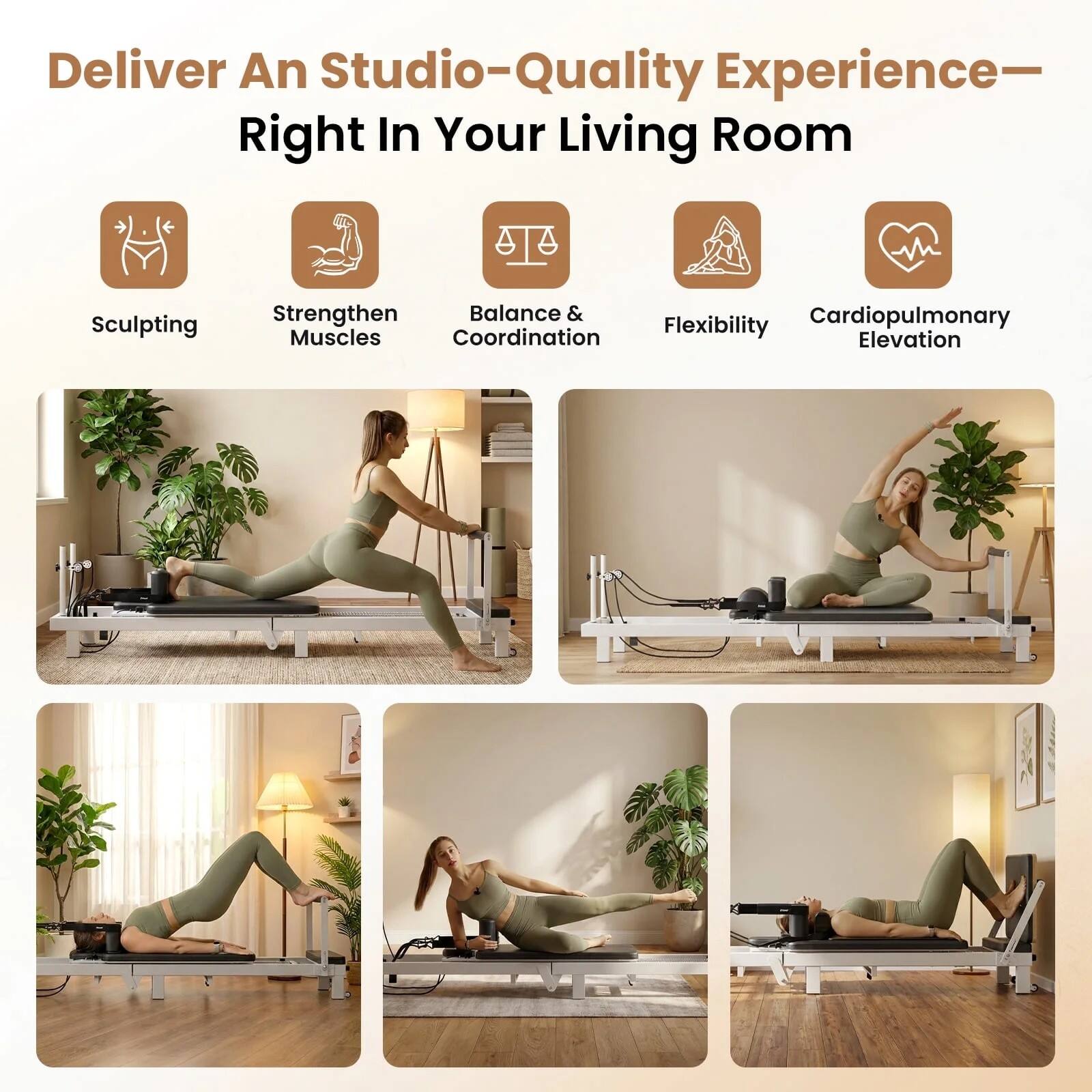 Deliver An Studio-Quality Experience—Right In Your Living Room

Sculpting  
Strengthen Muscles  
Balance & Coordination  
Flexibility  
Cardiopulmonary Elevation