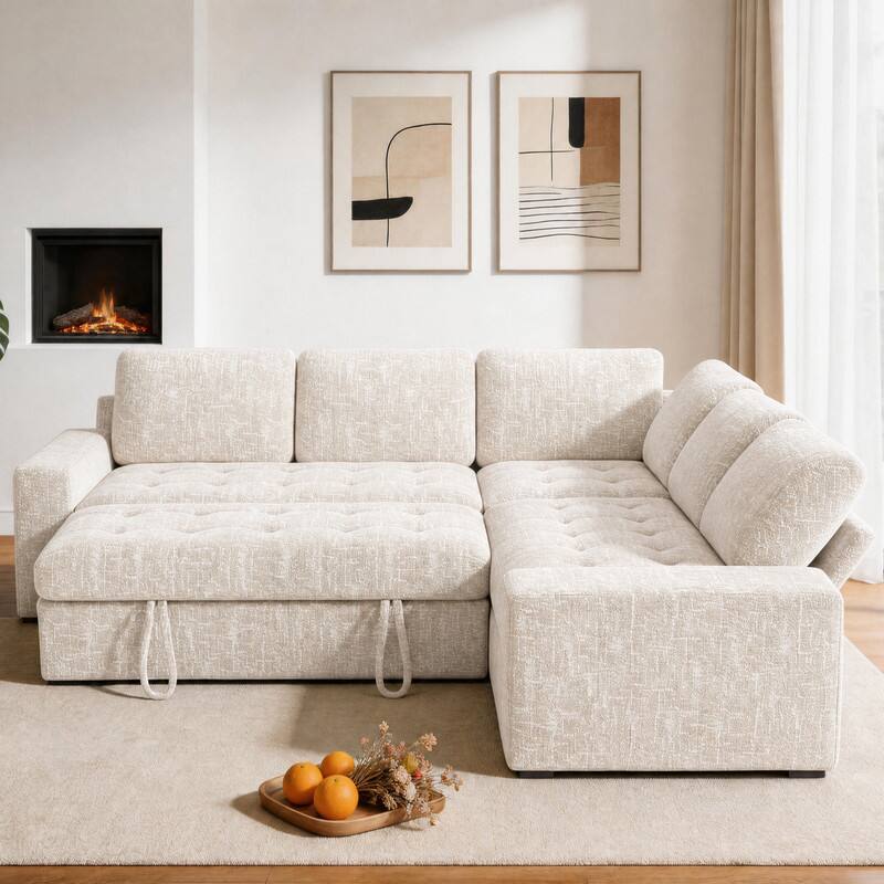 Left. Dyonery - 80" 5 Seat Modular Sectional Couch Sofa with Pull Out Bed/USB Ports/Adjustable Backrest/Storage Seats for Living Room - Beige.