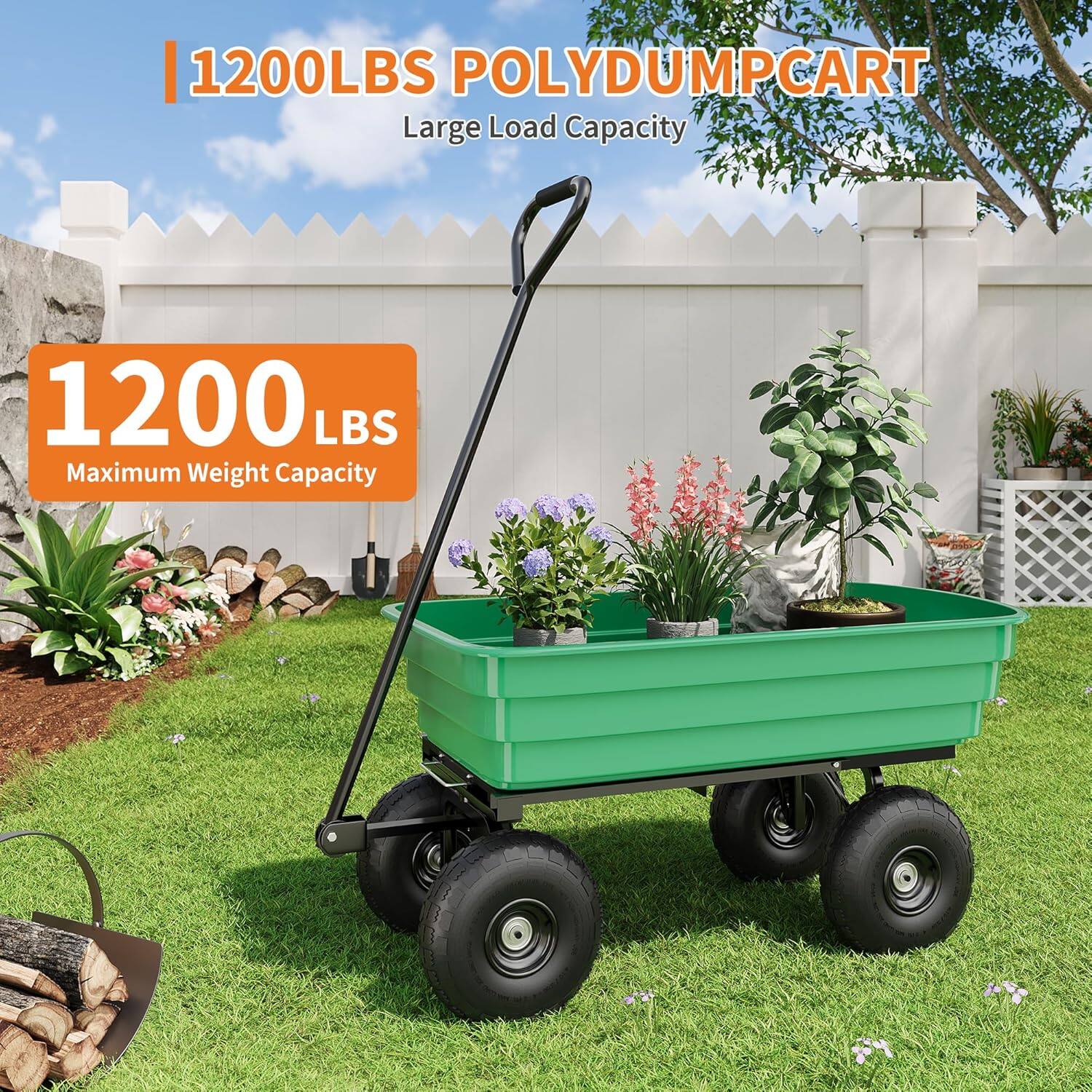 1200LBS POLYDUMPCART  
Large Load Capacity  

1200 LBS  
Maximum Weight Capacity