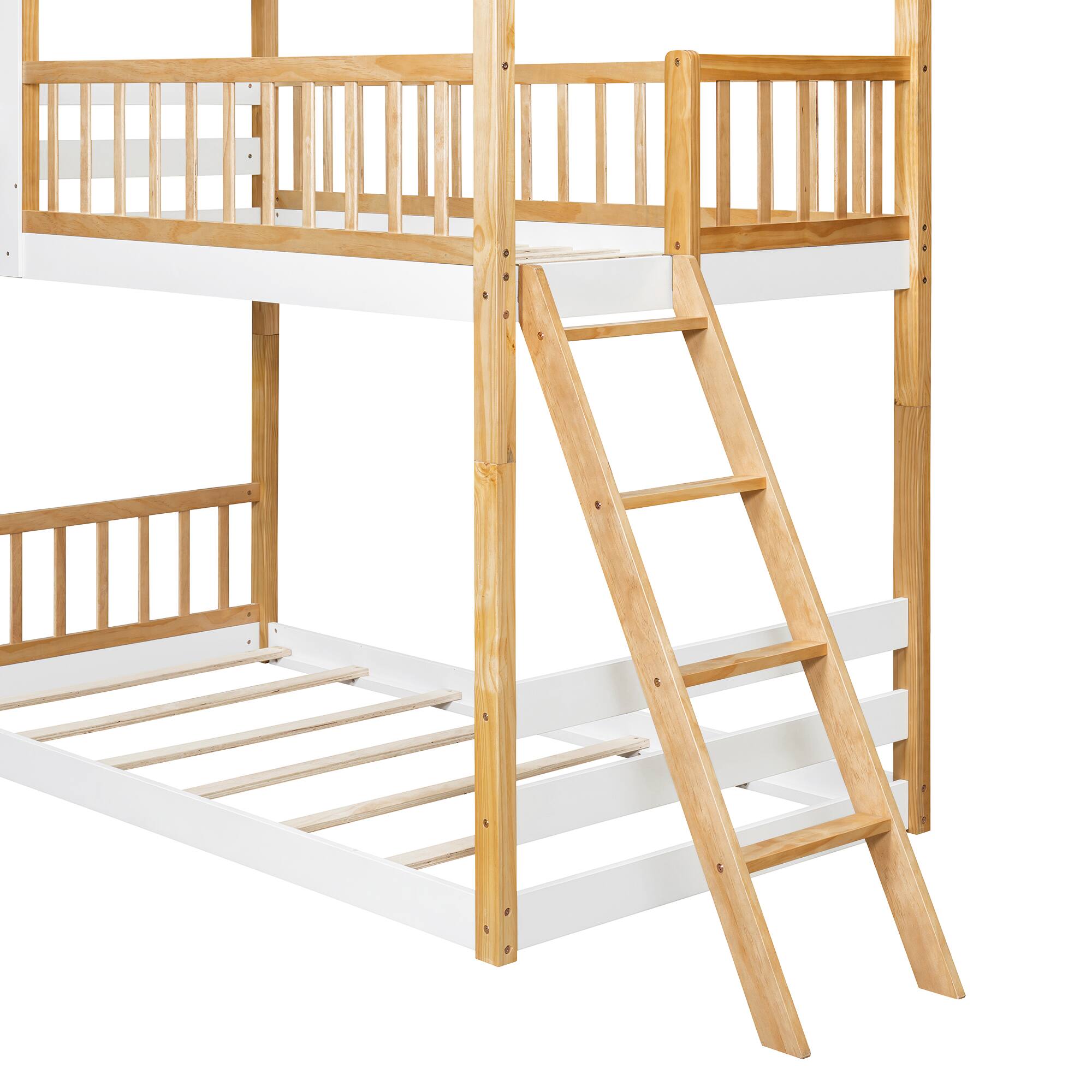 Alt View 2. Aukfa - Twin Over Twin Bunk Bed Wood Bed with Roof, Window, Ladder - White.