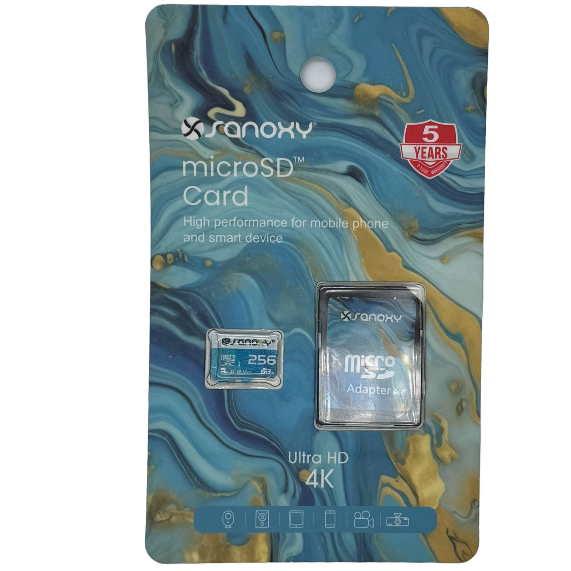 X SanoxY™ microSD Card  
High performance for mobile phone and smart device.  

5 YEARS WARRANTY  

256 GB  

Ultra HD 4K  

MicroSD Adapter