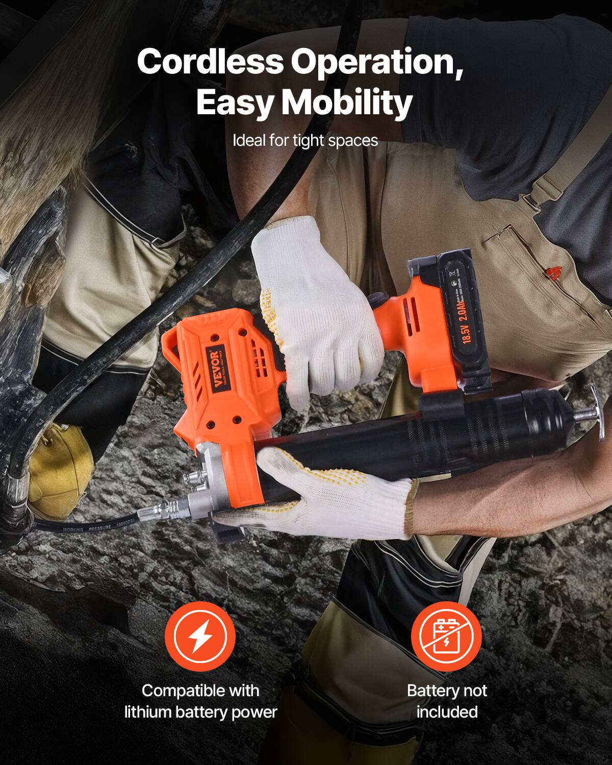 Cordless Operation, Easy Mobility  
Ideal for tight spaces  

VEVOR M 2.0  
18.5V ROBONO  

Compatible with lithium battery power  
Battery not included