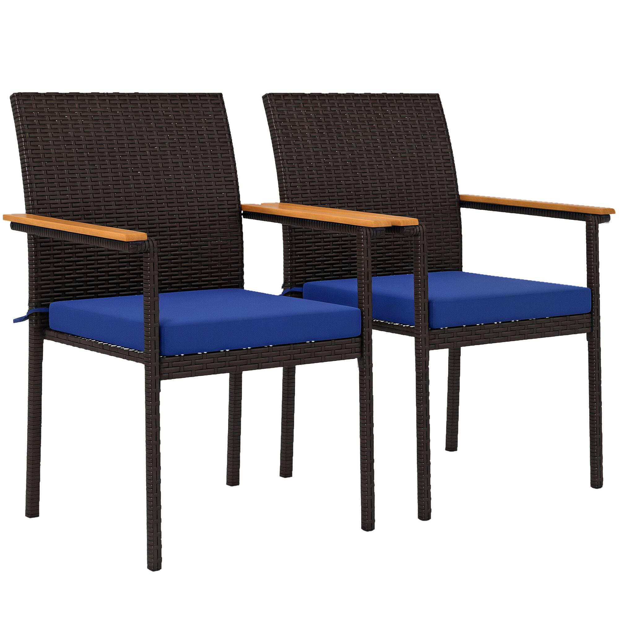 Outsunny - Wicker Outdoor Dining Chairs Set of 2, Stackable PE Rattan Patio Dining Chairs with Cushions and Acacia Wood Armrests - Blue