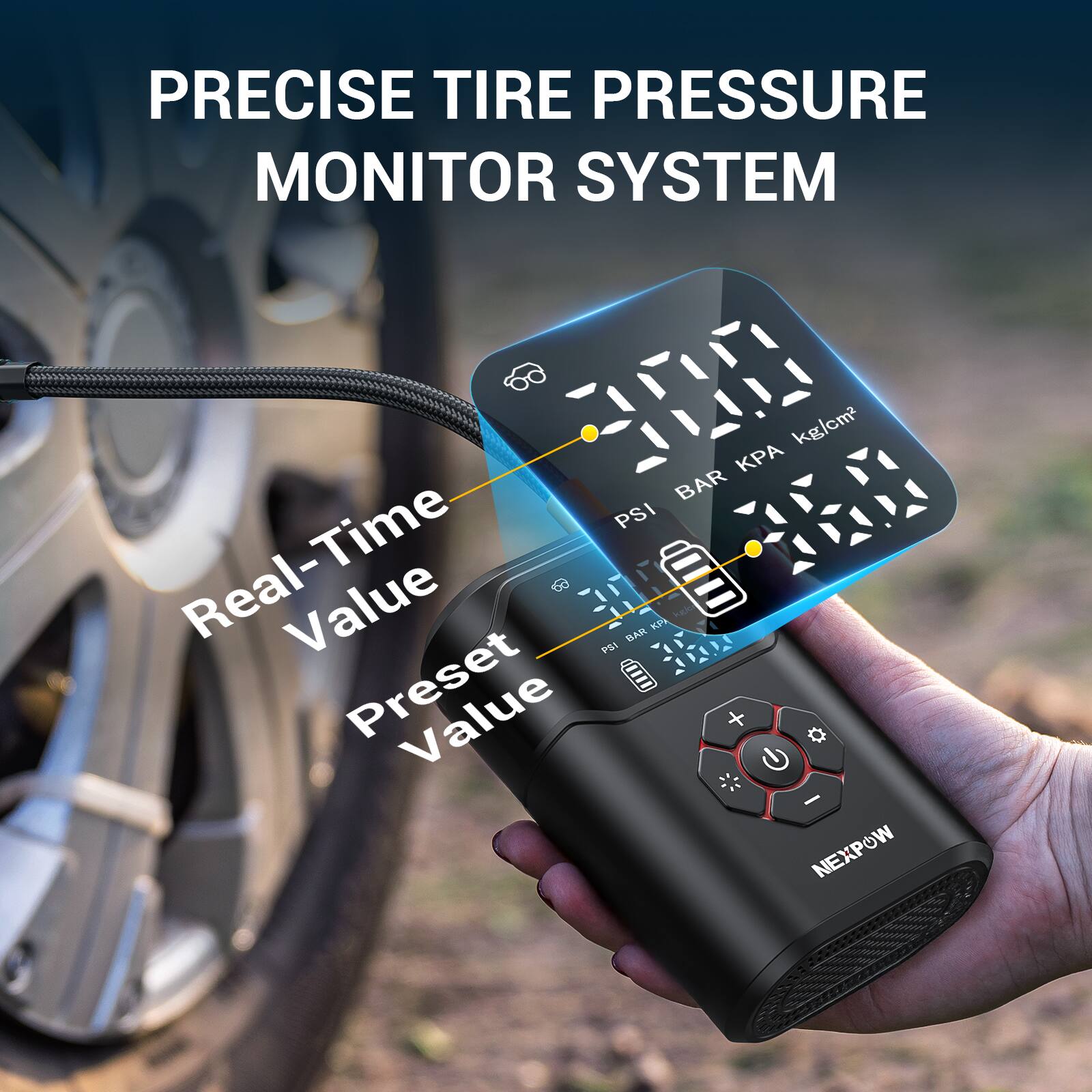 PRECISE TIRE PRESSURE MONITOR SYSTEM

Real-Time Value  
Preset Value

PSI BAR KPA kg/cm²

NEXPOW