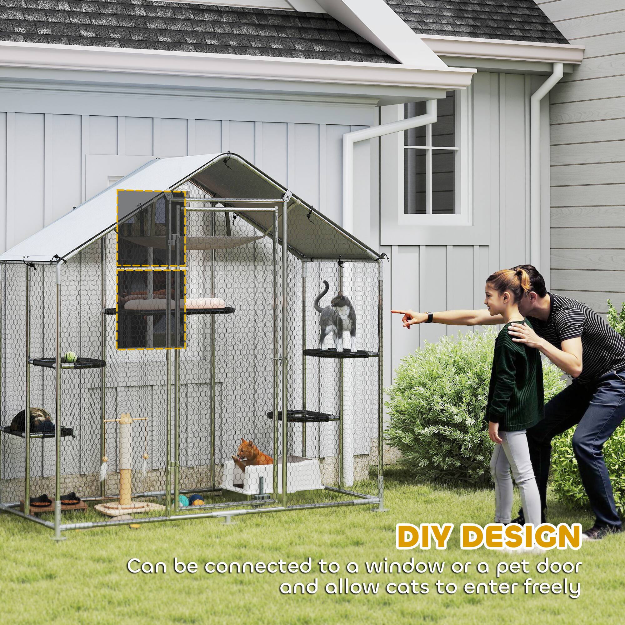 DIY DESIGN  
Can be connected to a window or a pet door and allow cats to enter freely