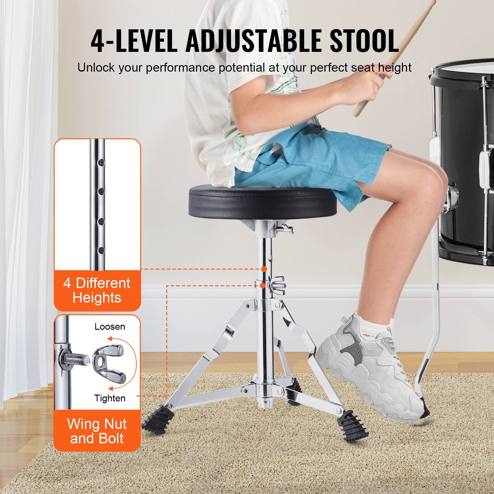 4-LEVEL ADJUSTABLE STOOL  
Unlock your performance potential at your perfect seat height  

4 Different Heights  
Loosen Tighten Wing Nut and Bolt