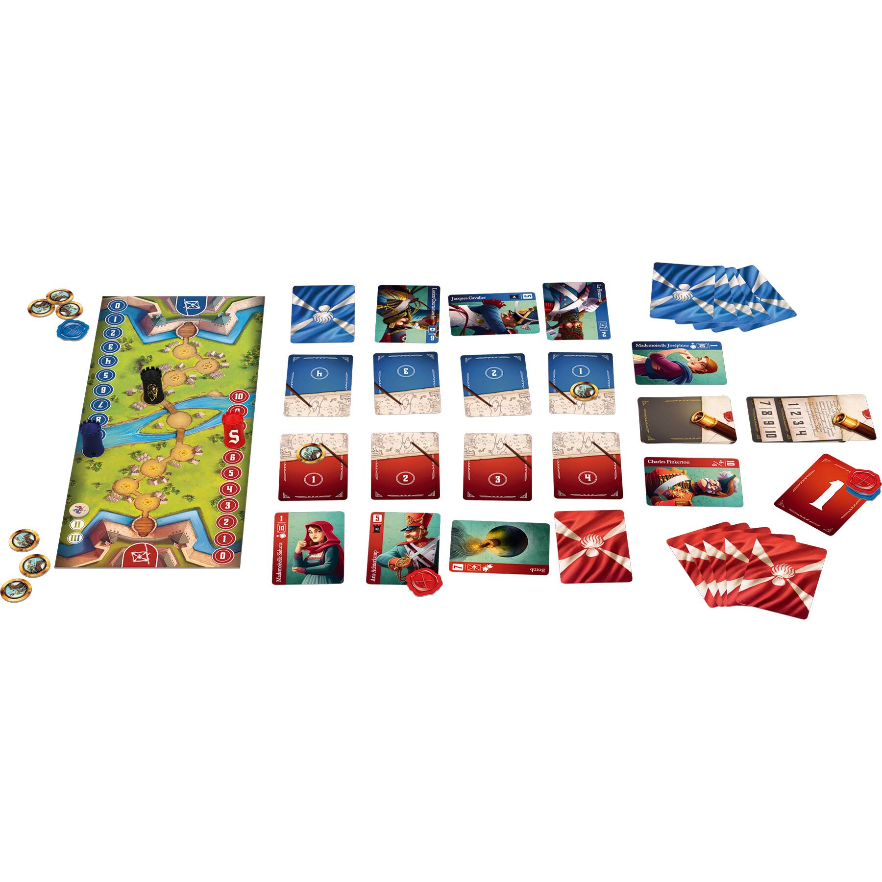 The image features a collection of cards and game pieces, including a game board. The cards are spread out on the table, with some of them being red and blue. The game board is placed in the middle of the table, surrounded by the cards. The overall scene suggests a game or activity involving the cards and game board.