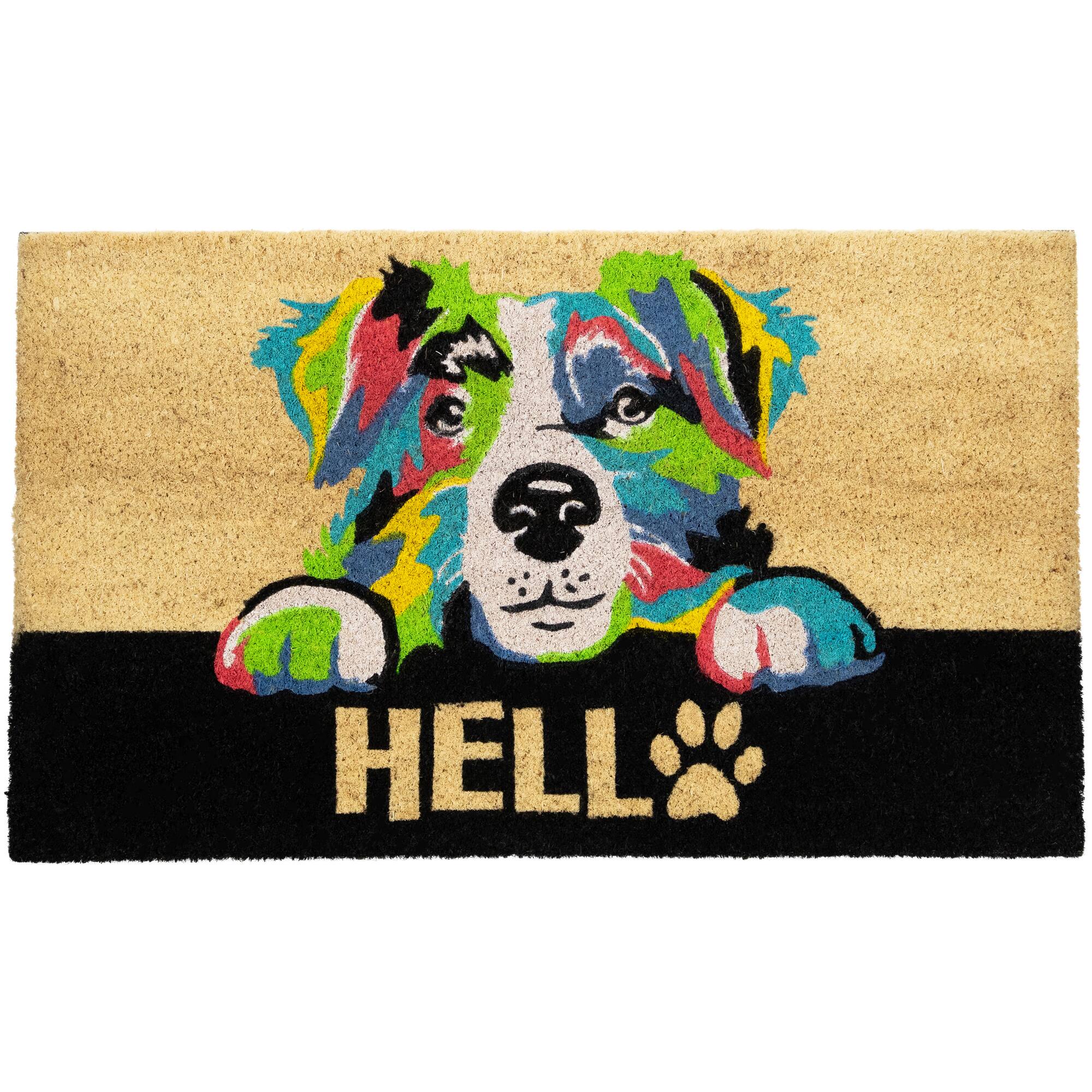 Front. Northlight - Ivory and Black "Hello" Multicolor Dog Outdoor Coir Doormat 18" x 30" - Multi.