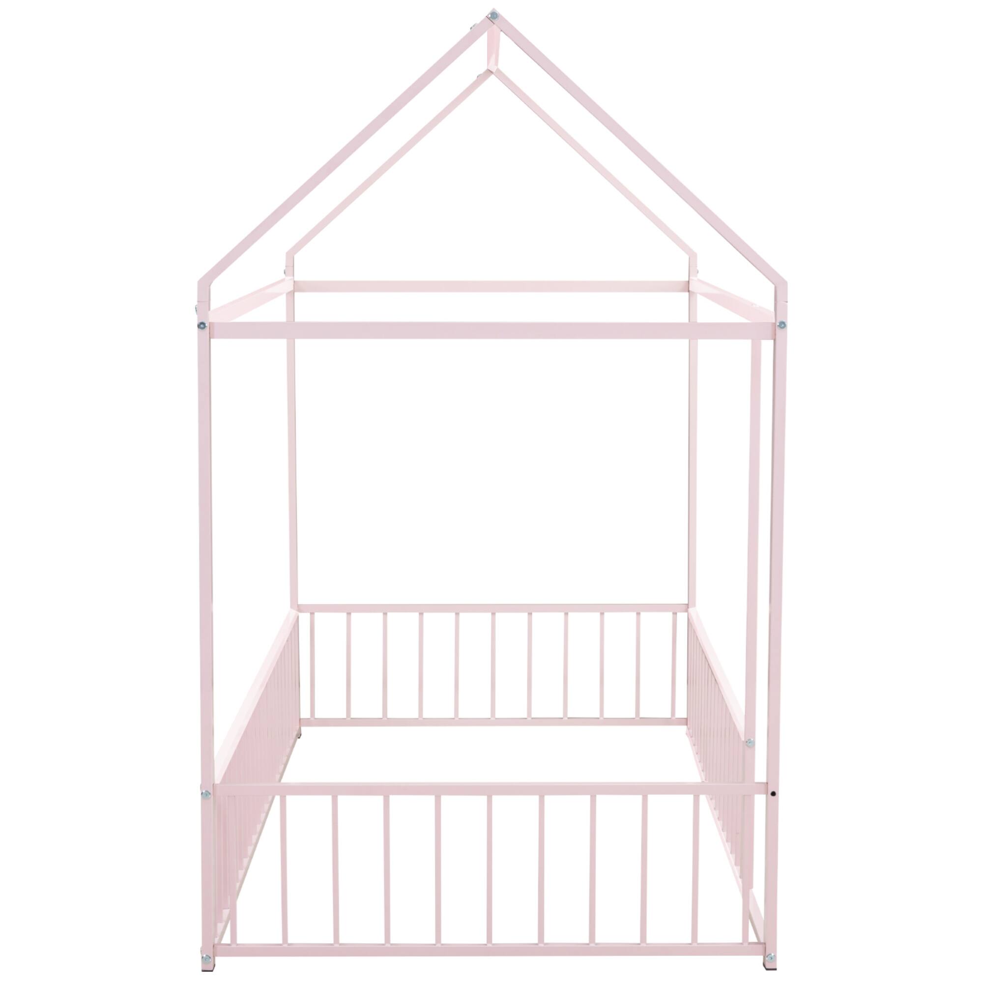 Alt View 2. GOODSILO - Twin Size Playhouse Bed Frame with Safety Fence for Kids and Teens - Sturdy Metal Construction - Pink.