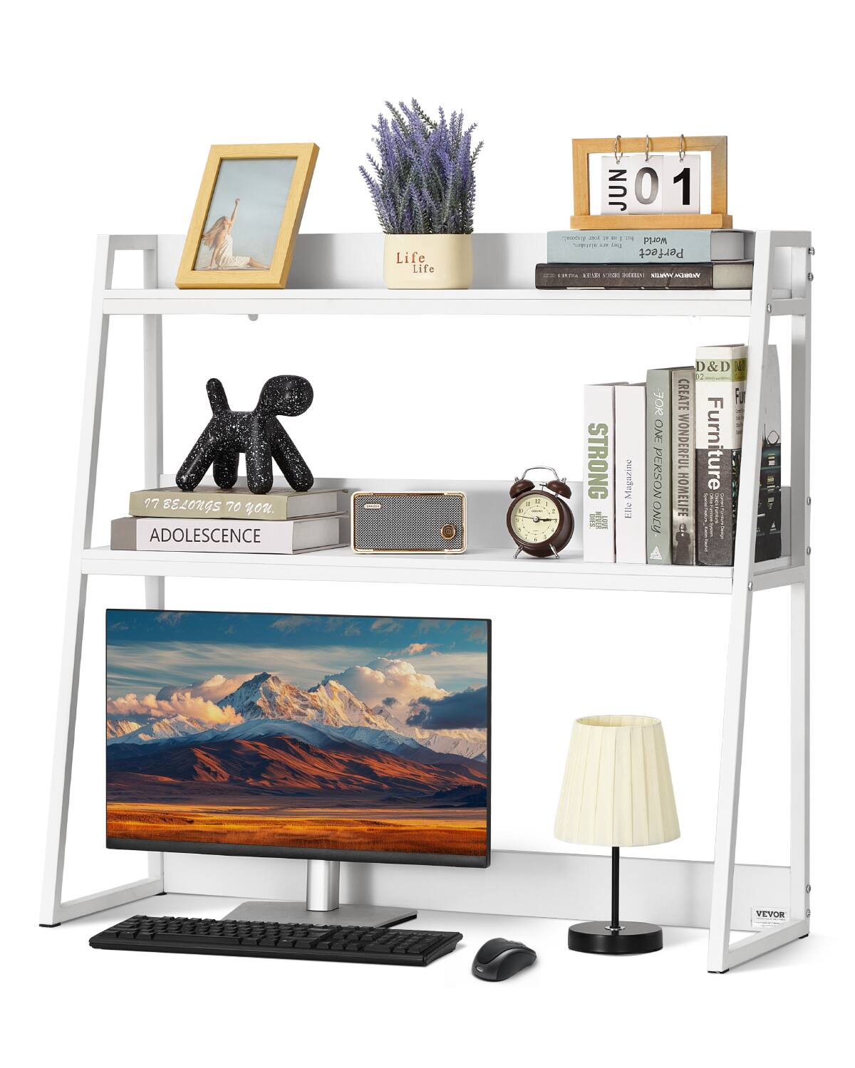 VEVOR - Desktop Bookshelf, 2-Tier Desktop Storage Organizer, 37.4" x 12.6" x 35.4" Office Desk Storage Rack Display Shelf - White