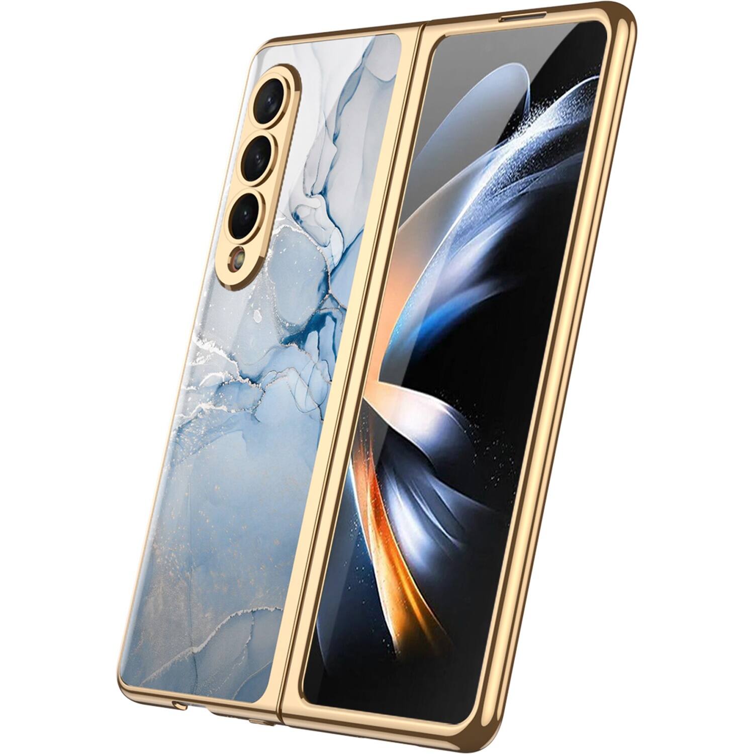 Alt View 11. SaharaCase - Marble Series Case for Samsung Galaxy Z Fold4 - Blue/Gold.