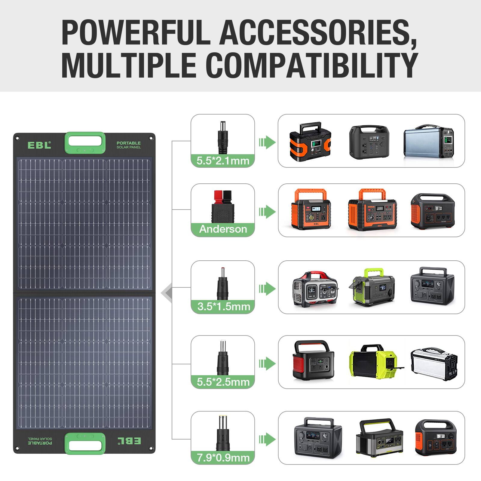 POWERFUL ACCESSORIES, MULTIPLE COMPATIBILITY

EBL PORTABLE SOLAR PANEL

- 5.5*2.1mm
- Anderson
- 3.5*1.5mm
- 5.5*2.5mm
- 7.9*0.9mm