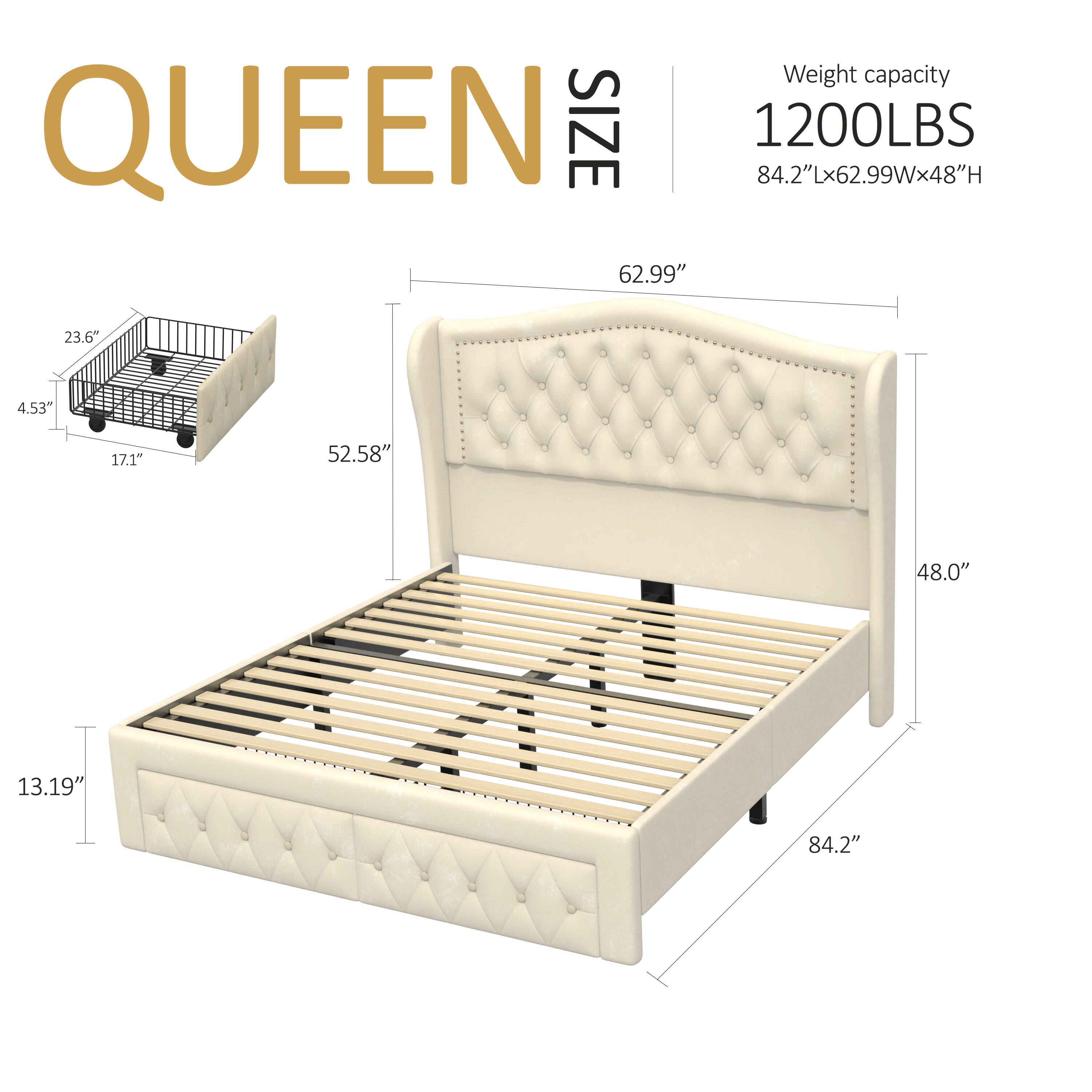 Weight capacity QUEEN SIZE 1200LBS  
84.2"Lx62.99"Wx48"H  
62.99"  
23.6"  
4.53"  
17.1"  
52.58"  
48.0"  
13.19"  
84.2"