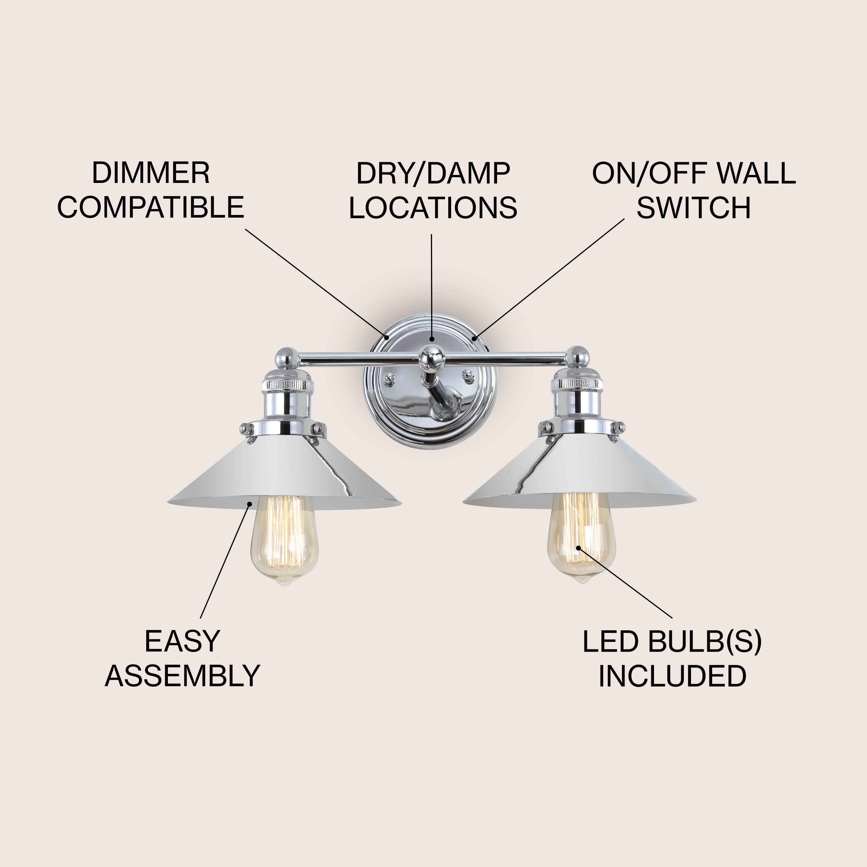 DIMMER COMPATIBLE  
DRY/DAMP LOCATIONS  
ON/OFF WALL SWITCH  
EASY ASSEMBLY  
LED BULB(S) INCLUDED
