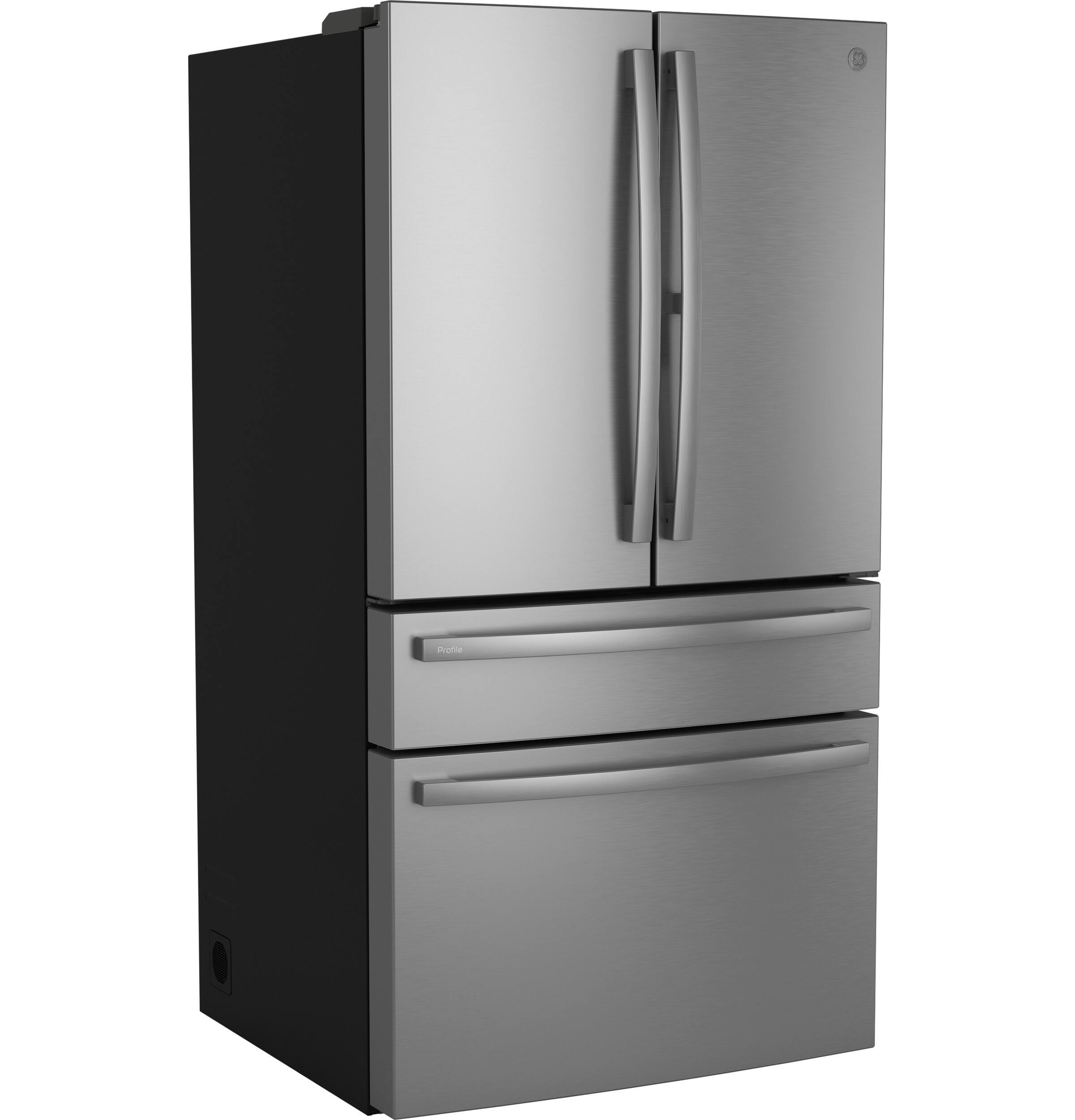 Angle. GE Profile - 23.3 Cu. Ft. 4-Door French Door Counter-Depth Smart Refrigerator with Dual-Dispense Auto-Fill Pitcher & Door In Door - Stainless Steel.