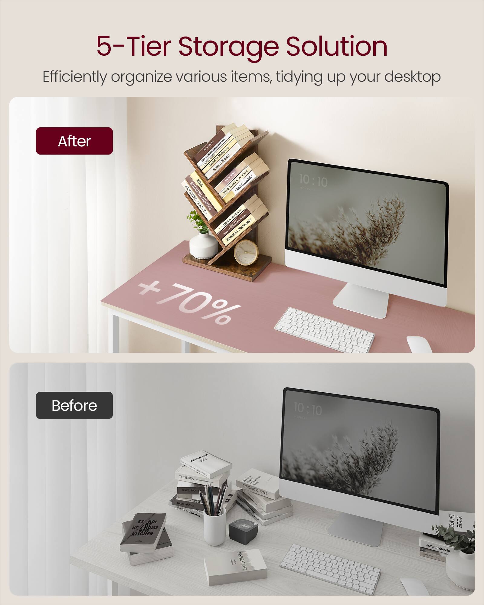 5-Tier Storage Solution  
Efficiently organize various items, tidying up your desktop  

After  
+70%  

Before