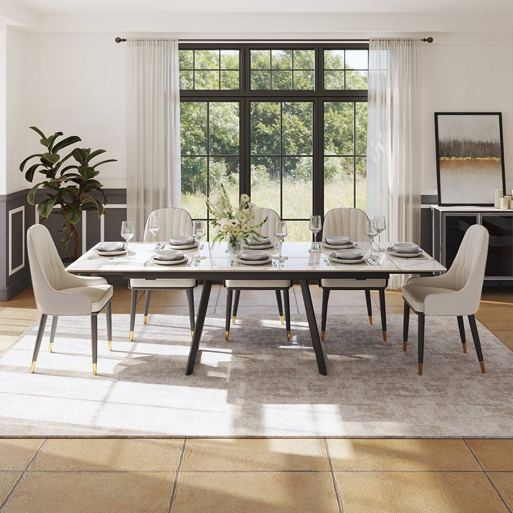 Alt View 2. POVISON - Modern Upholstered Dining Chairs Set of 2, Leather Dining Chairs with Arms, Breakfast Table Chairs, Beige - Gray & Beige PU Leather.
