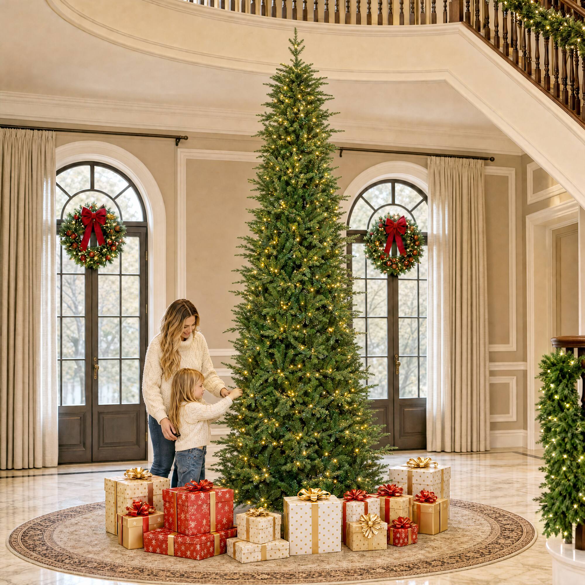 Alt View 8. Glitzhome - 11ft Pre-Lit Slim Fir Artificial Christmas Tree with 2700 Chasing and Twinkling Lights - Green.
