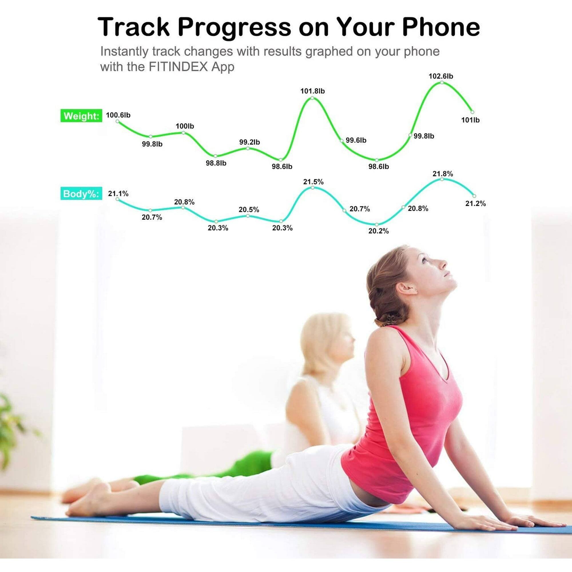Track Progress on Your Phone  
Instantly track changes with results graphed on your phone with the FITINDEX App  

Weight:  
102.6lb  
101.8lb  
100.6lb  
99.8lb  
100lb  
99.2lb  
99.6lb  
99.8lb  
101lb  

Body%:  
21.1%  
20.8%  
20.5%  
20.7%  
20.3%  
21.5%  
20.3%  
20.7%  
20.2%  
21.8%  
20.8%  
21.2%