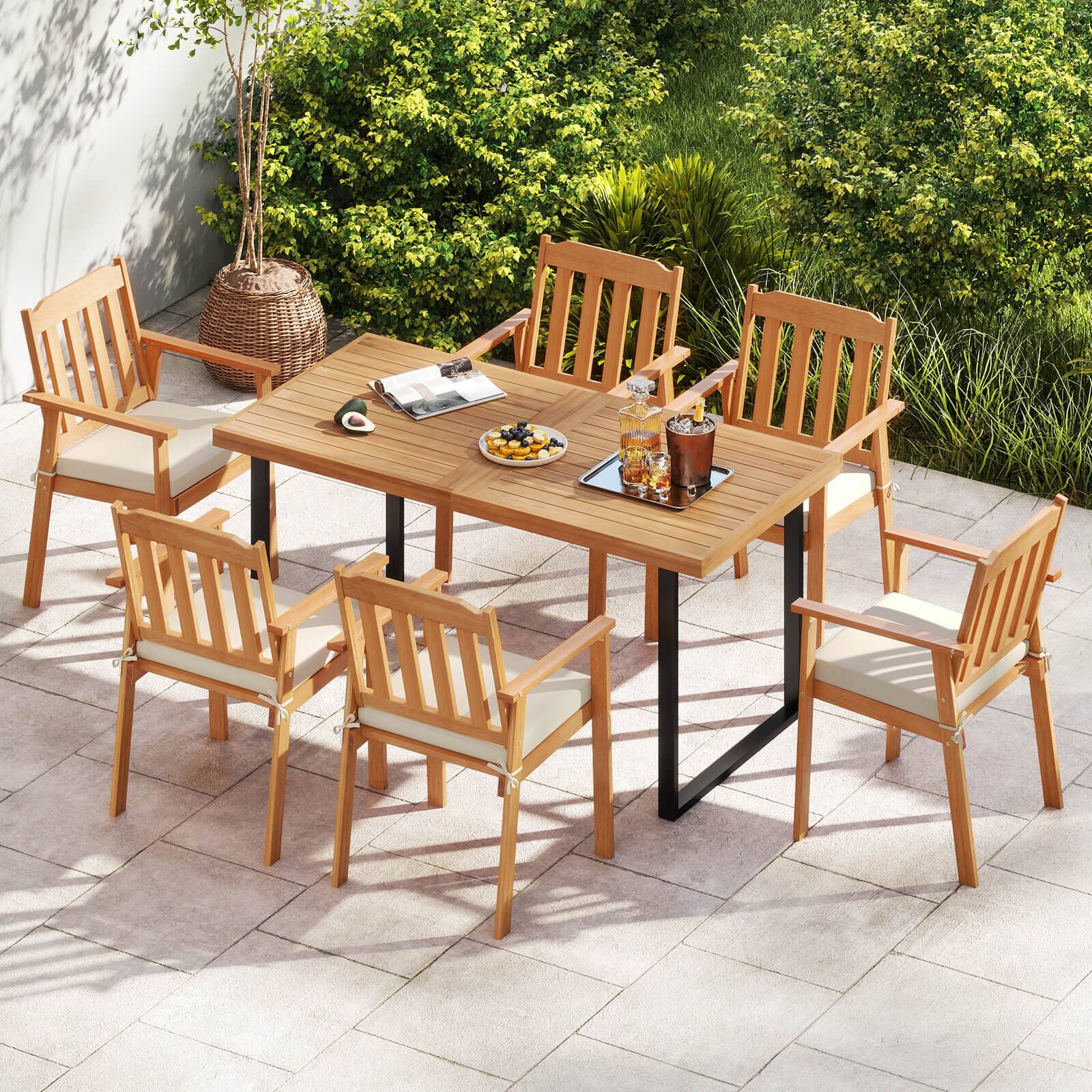 Alt View 4. Costway - Costway 2 PCS Patio Dining Chairs with  Removable Padded Cushion, Armrests Slatted Backrest - Natural,White.