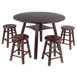 Winsome Wood - Marbelle Table 5-Pc Drop Leaf Dining Table with 4 Element 18” Dining Stools - Walnut