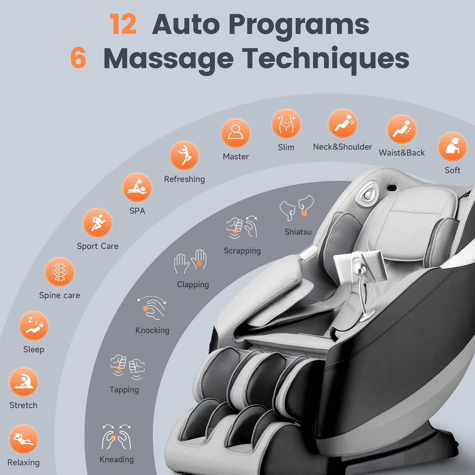 12 Auto Programs  
6 Massage Techniques  

- Master  
- Slim  
- Neck & Shoulder  
- Waist & Back  
- Soft  
- Refreshing  
- SPA  
- Sport Care  
- Shiatzu  
- Scrapping  
- Spine Care  
- Clapping  
- Knocking  
- Sleep  
- Stretch  
- Tapping  
- Relaxing  
- Kneading
