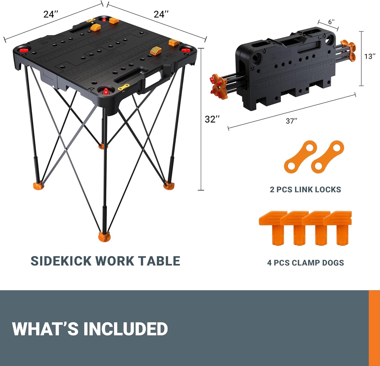 The image shows a Sidekick Work Table with a foldable design, which includes a 24" x 24" tabletop and a 6" x 13" folding leg frame. The table is accompanied by two PCS Link Locks and four PCS Clamp Dogs. The table is designed for easy transport and storage, making it a practical choice for various work or leisure activities.