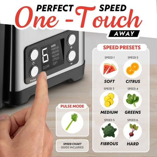PERFECT SPEED One "Touch - AWAY

SPEED PRESETS
- SPEED 1: SOFT
- SPEED 2: CITRUS
- SPEED 3: MEDIUM
- SPEED 4: GREENS
- SPEED 5: FIBROUS
- SPEED 6: HARD

PULSE MODE

SPEED CHART GUIDE INCLUDED