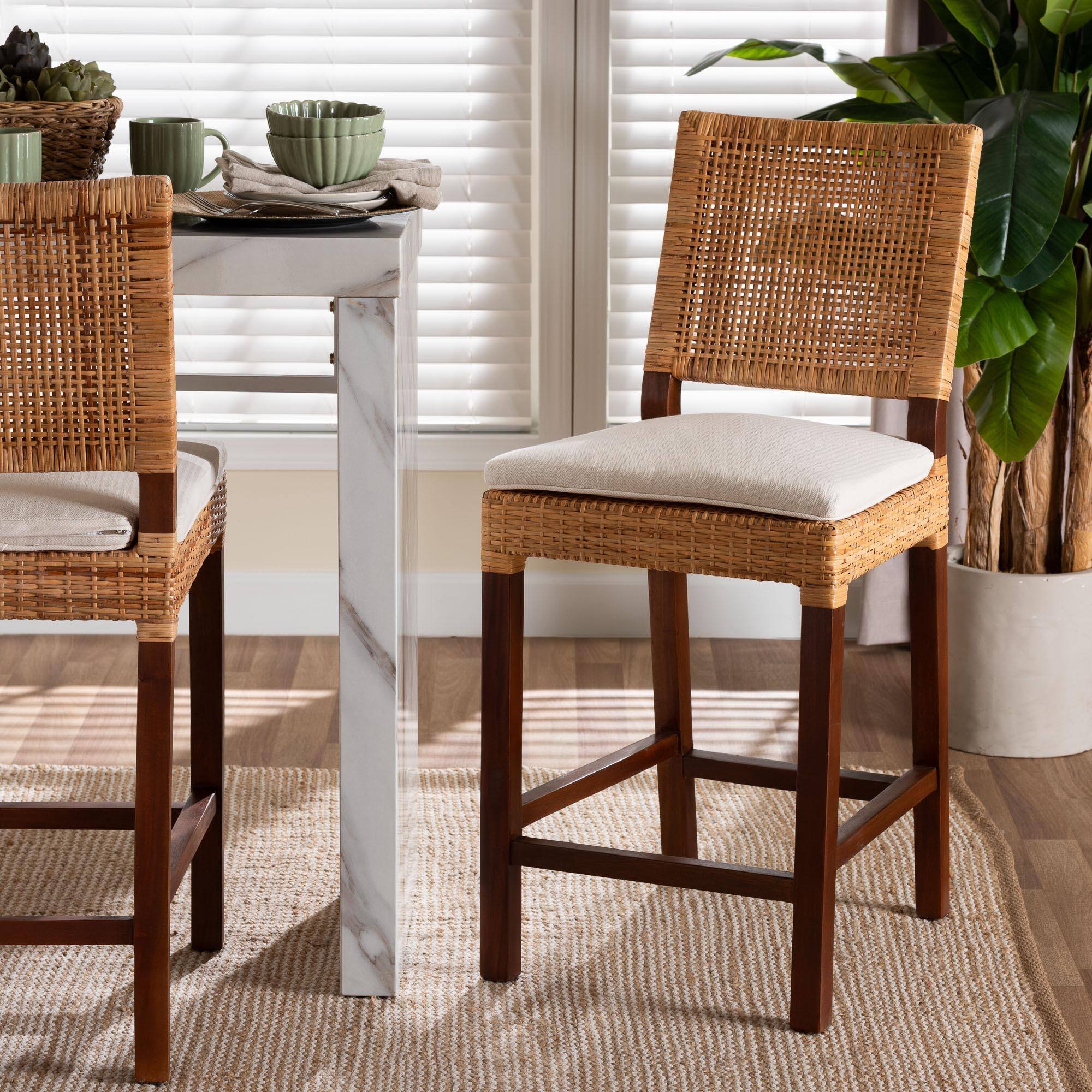 Alt View 4. bali & pari - Lesia Natural Rattan Counter Stool with Cushion - Handwoven Wicker Stool with Mahogany Wood Frame - Light Honey/Walnut Brown.