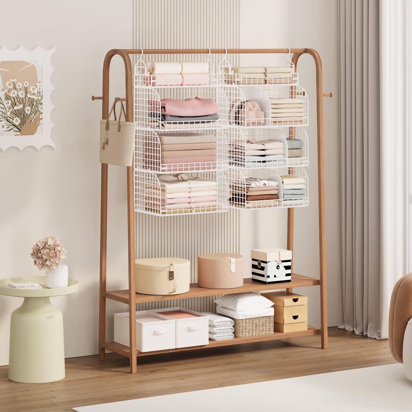 Left. Dazzling Pops - SWTYMIKI Hanging Closet Organizer Storage - 4 Tier Metal Stackable Hanging Closet Shelves with Dividers and... - White 3-Tier.