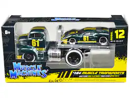 1950 Ford COE Flatbed Truck #61 & 1966 Ford GT40 MK II #61 Green Met. w/Yellow Stripes 1/64 Model Cars Muscle Machines
