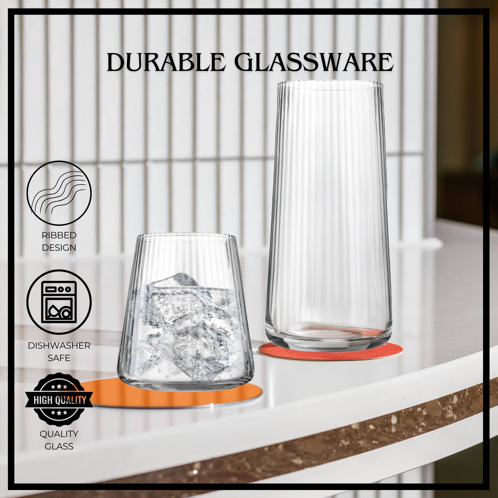 DURABLE GLASSWARE  
RIBBED DESIGN  
DISHWASHER SAFE  
HIGH QUALITY  
QUALITY GLASS