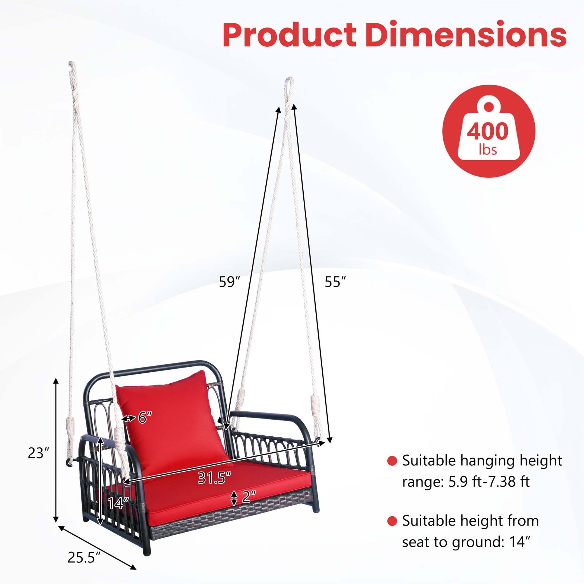 Product Dimensions: 400 lbs, 59", 55", 4", 6", 23", 14", 25.5", 31.5", 2"

Suitable hanging height range: 5.9 ft-7.38 ft

Suitable height from seat to ground: 14"
