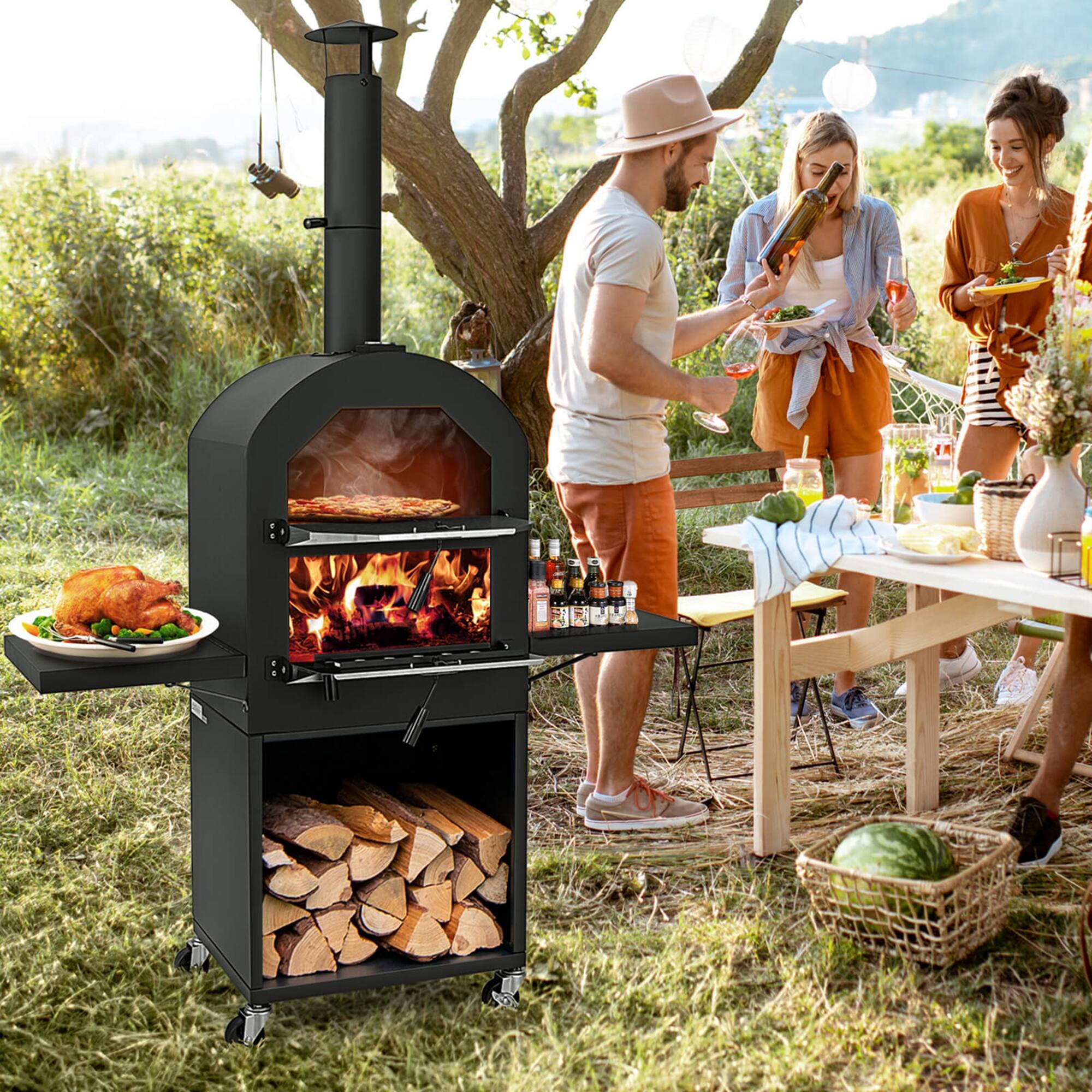 Angle. Costway - Outdoor Pizza Oven Wood Fired Pizza Oven with Protective Cover 12" Pizza Stone - Black.