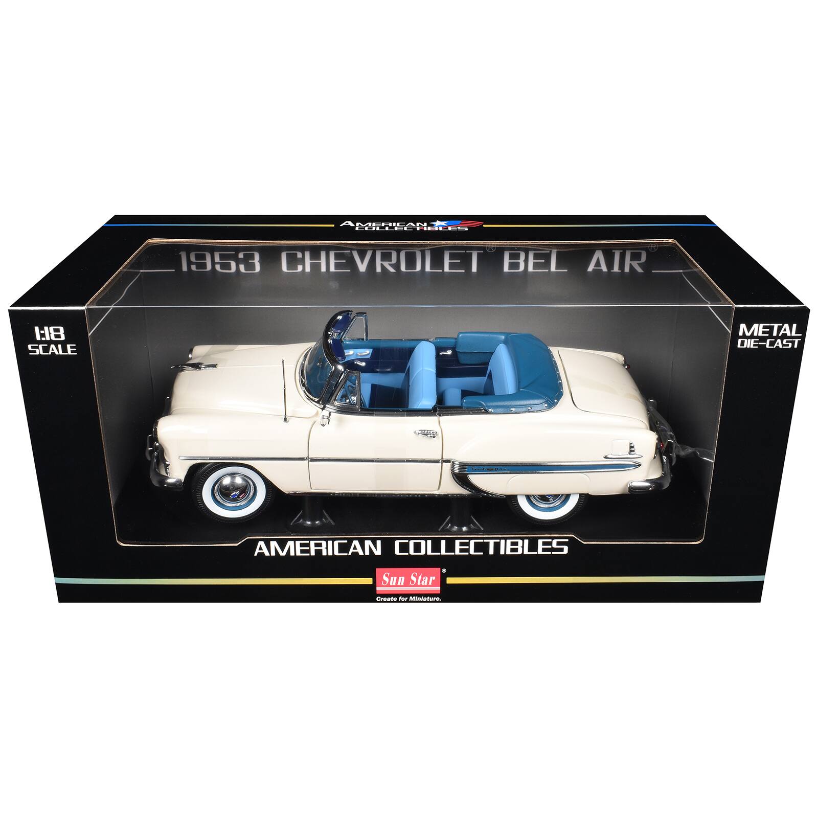 AMERICAN COLLECTIBLES  
1953 CHEVROLET BEL AIR  
1:18 SCALE  
METAL DIE-CAST  

AMERICAN COLLECTIBLES  
8 Sun Star  
Create for Miniature